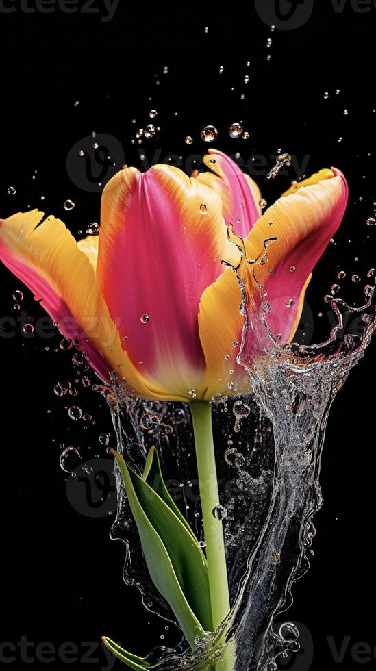 AI generated a pink tulip is splashing water in the air photo