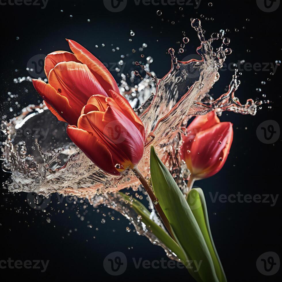 AI generated a pink tulip is splashing water in the air photo