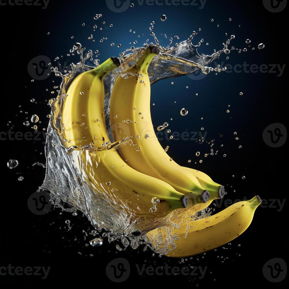 AI generated bananas are being splashed with water on a black background photo