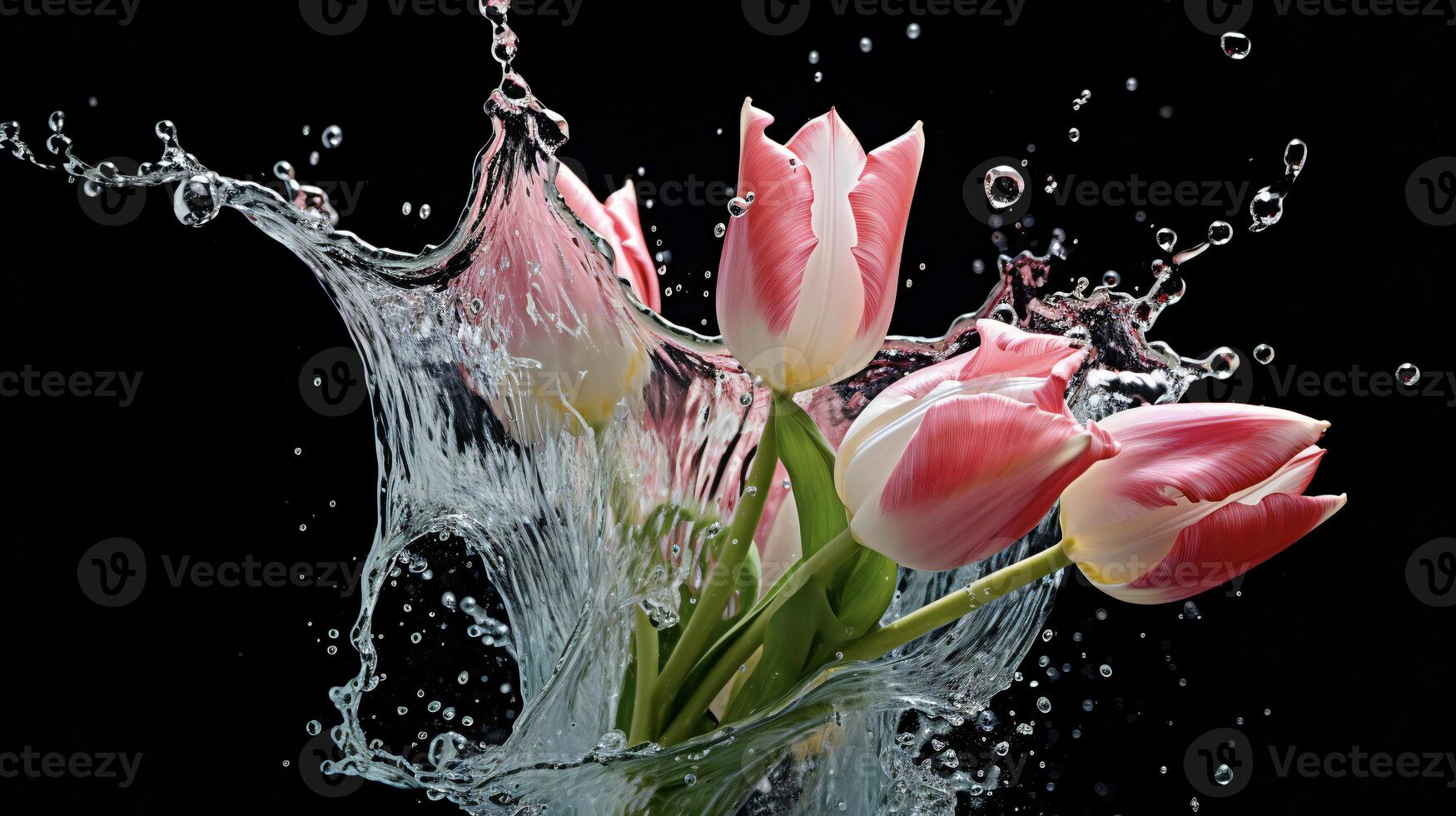 AI generated a pink tulip is splashing water in the air photo