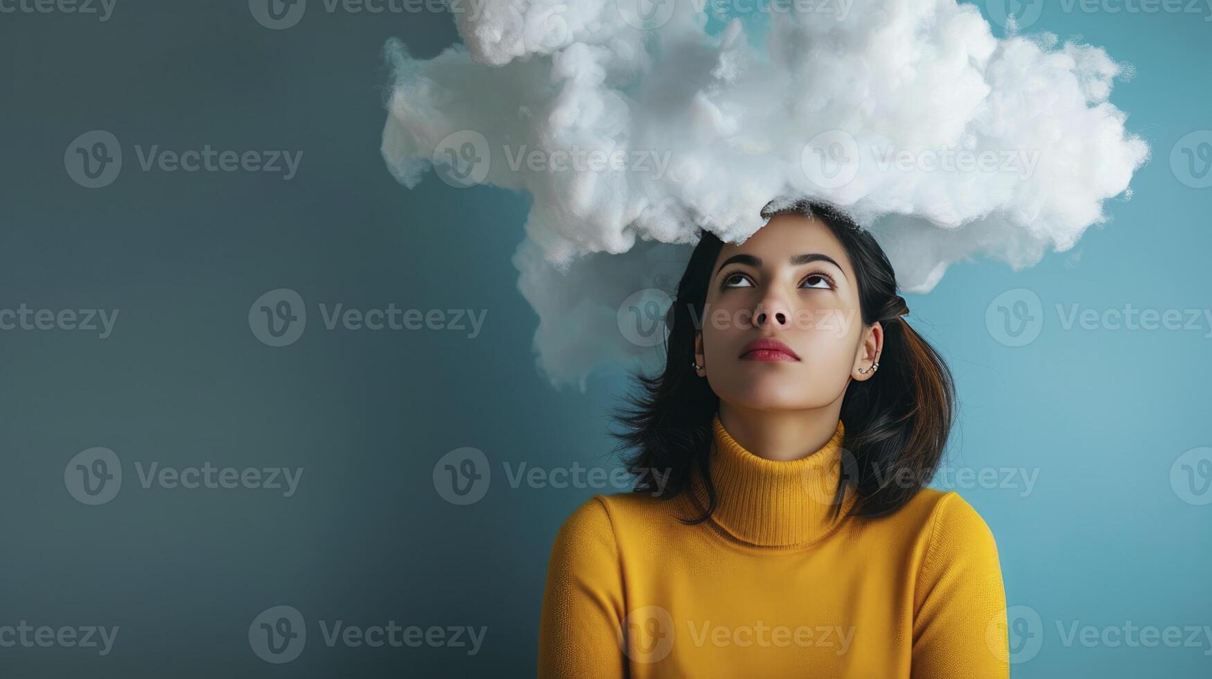 ai generado mujer con nubes en su cabeza, abrazando un psicodélico concepto foto