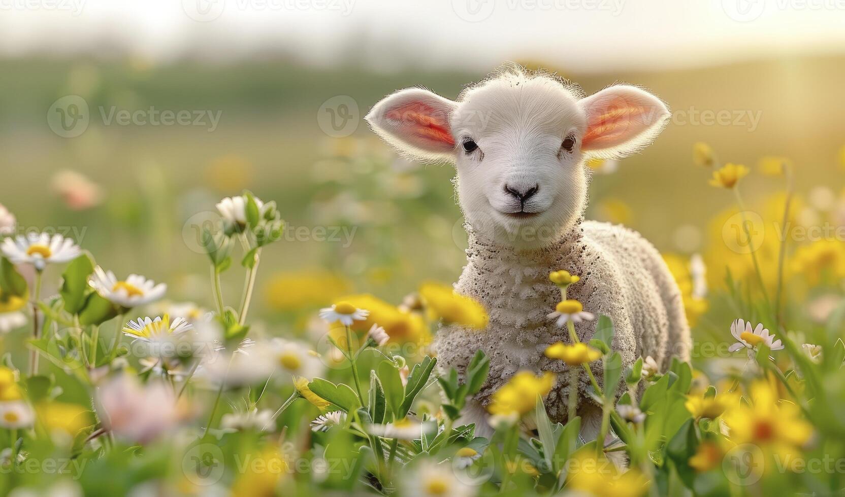 ai generado adorable Pascua de Resurrección Cordero con flores, Perfecto Copiar espacio foto