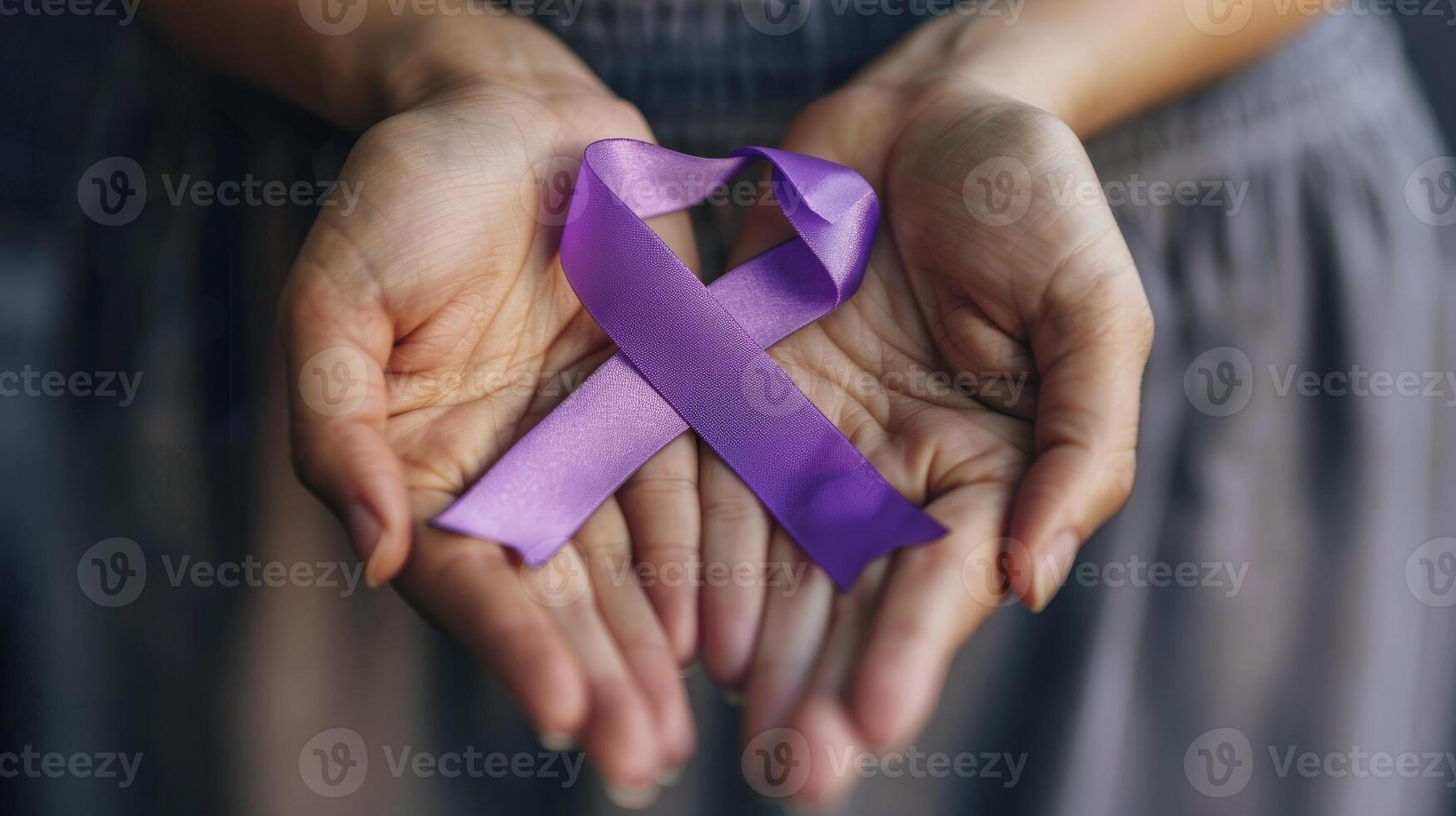 ai generado manos participación púrpura cáncer conciencia cinta. foto