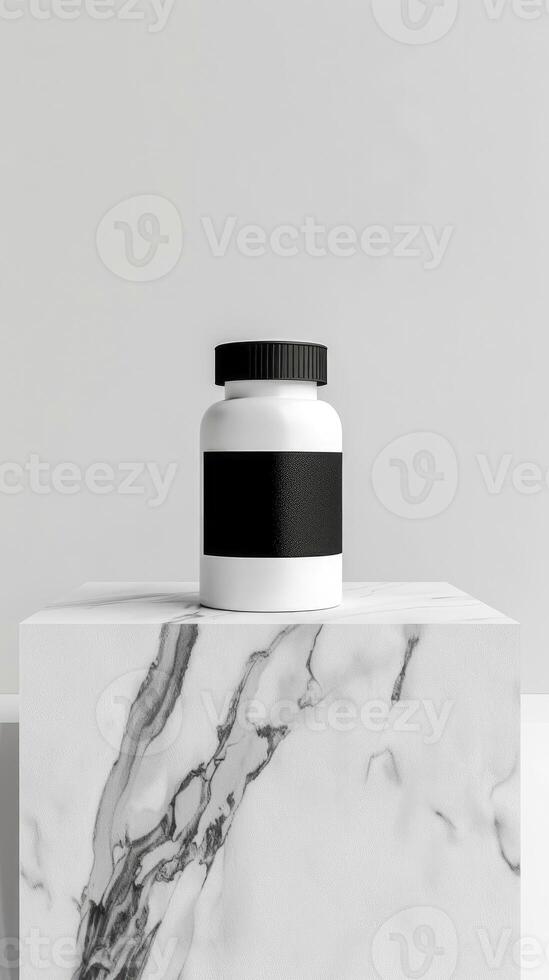 AI generated White Supplement Bottle with a Black Label on a Luxurious Marble Pedestal Surface photo