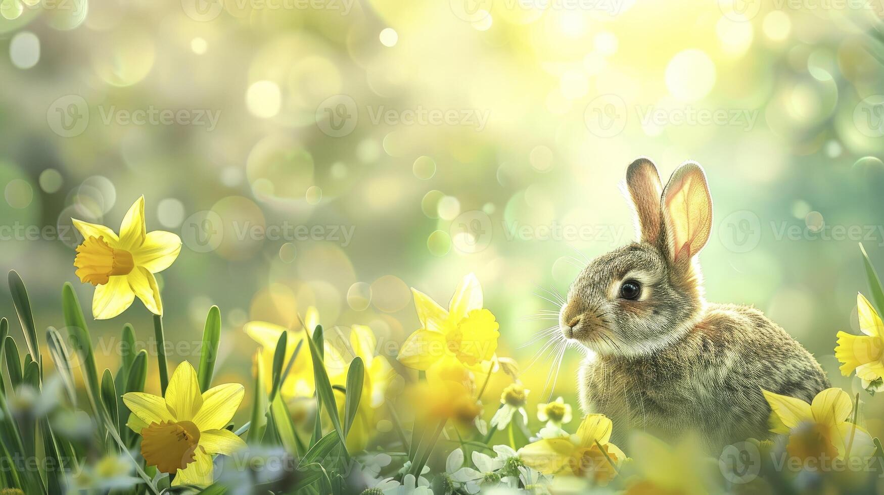 AI generated One rabbit in a daffodils field in a bokeh background photo
