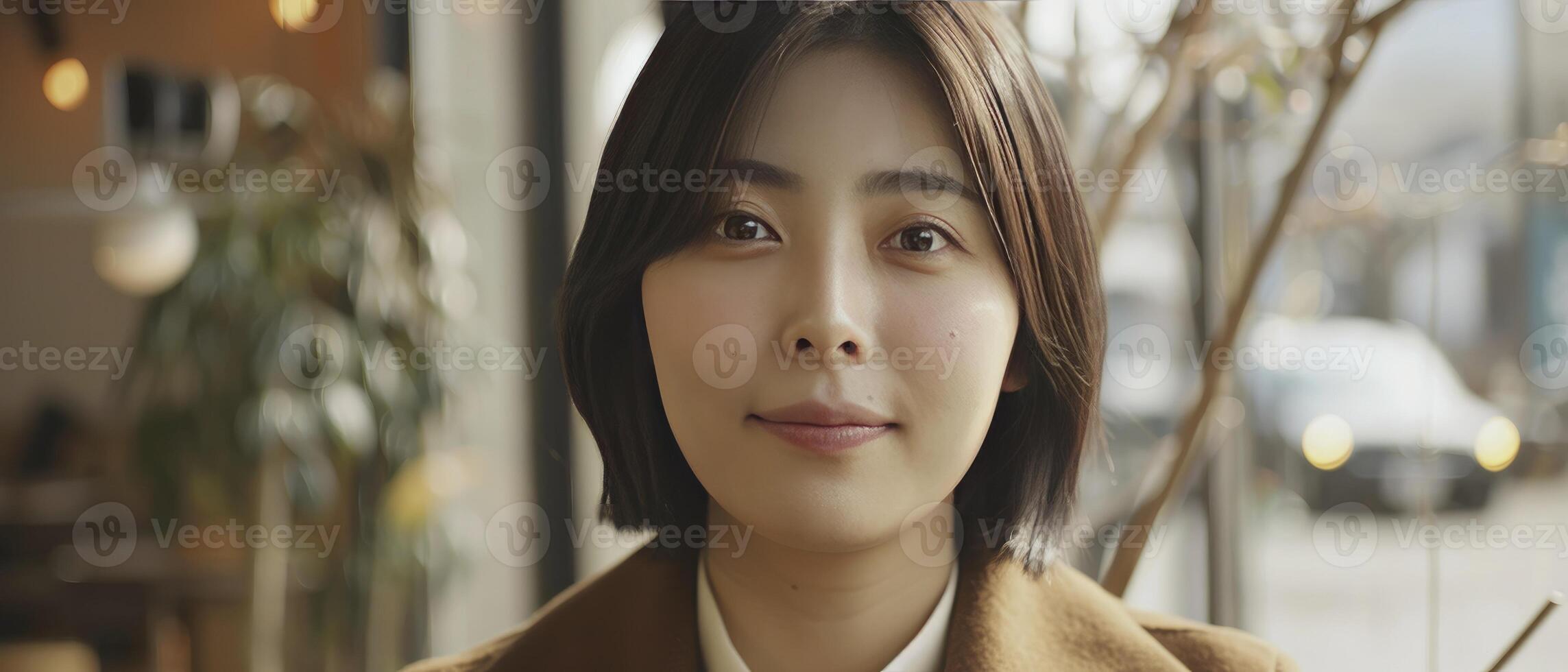 AI generated Korean Women Model, 30 Years Old, Sporting a Smiling Expression, with Beautiful Eyes and a Straight Bob Haircut photo