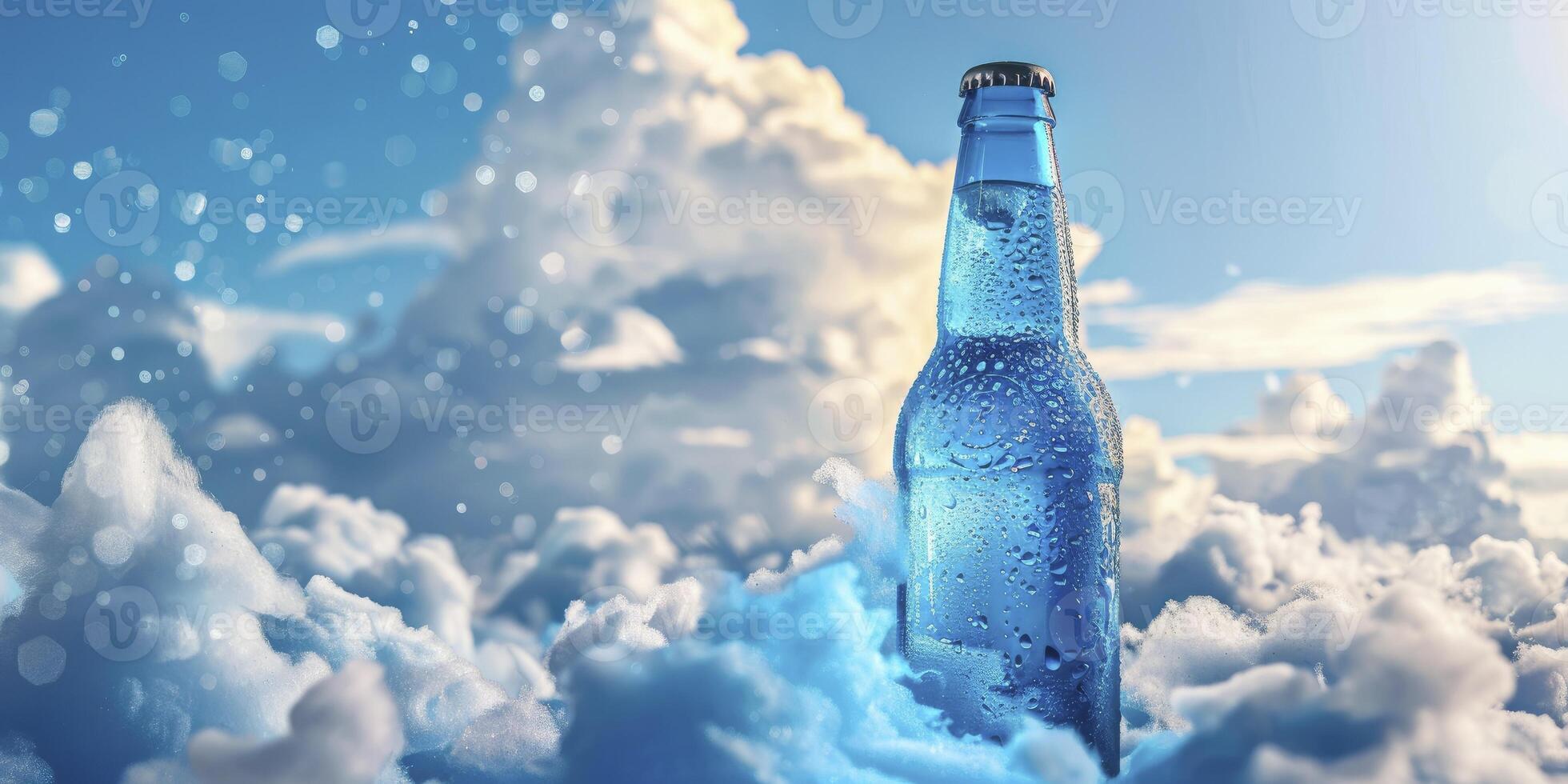ai generado un vaso cerveza botella y un claro bebida botella lleno con luz, brillante azul suave bebida líquido foto