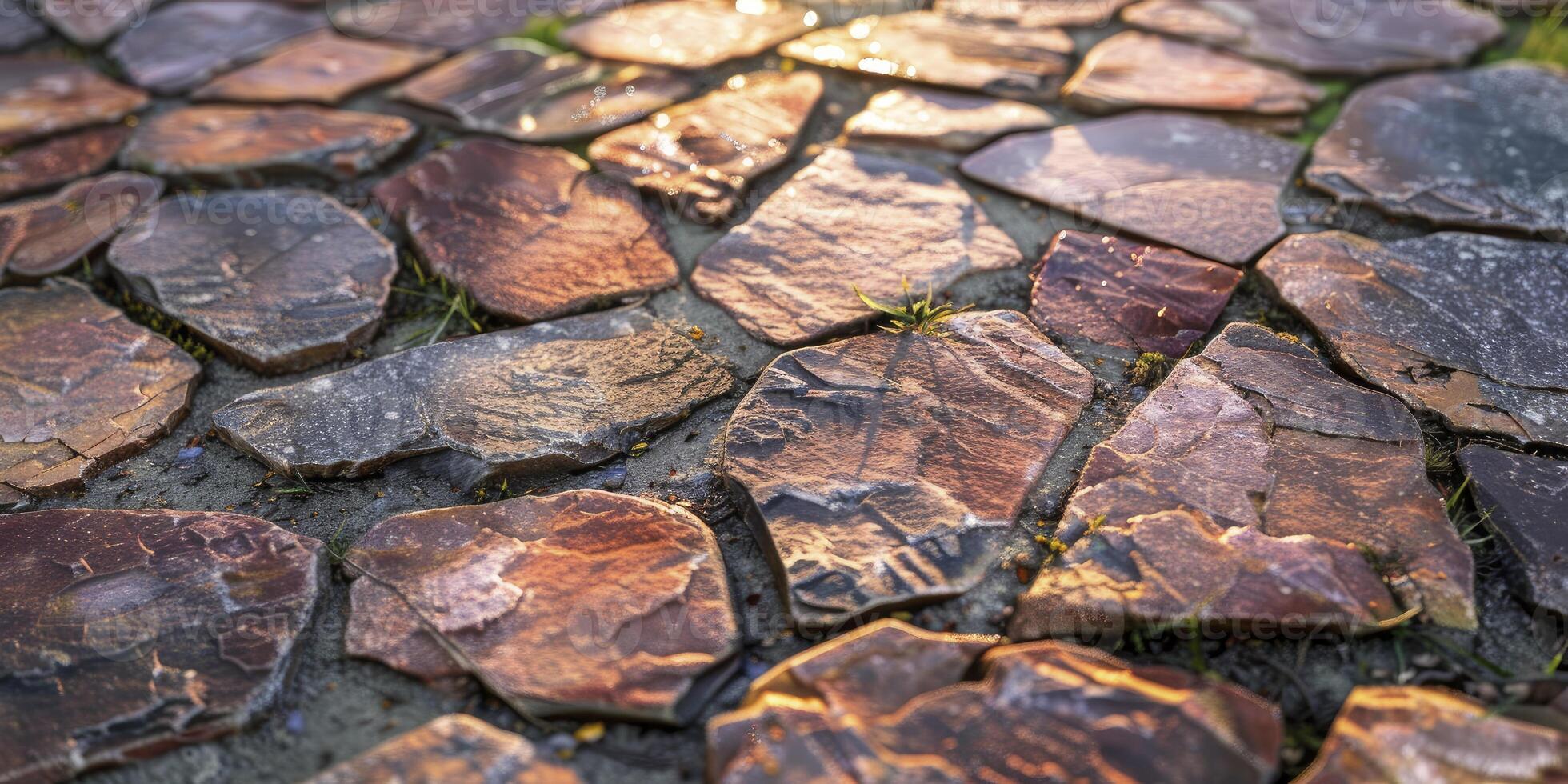 ai generado de cerca de al aire libre piso hecho con irregular pórfido losas, creando un natural y rústico estético foto