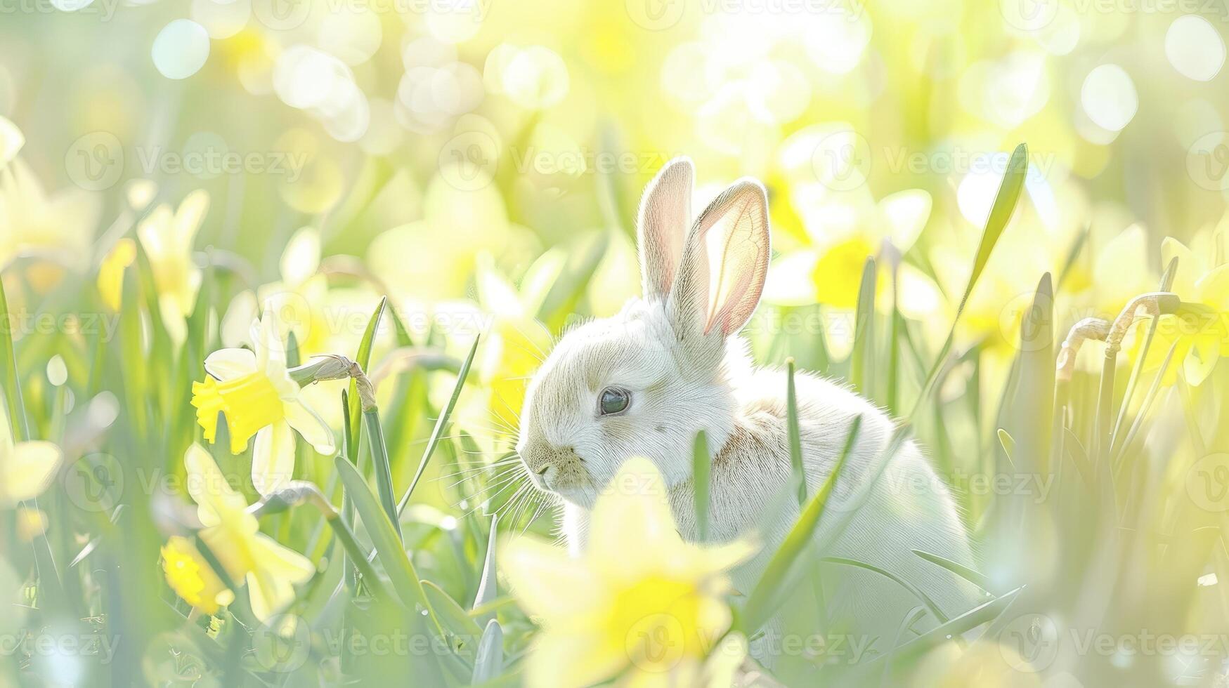 ai generado uno Conejo en un narcisos campo en un bokeh antecedentes foto