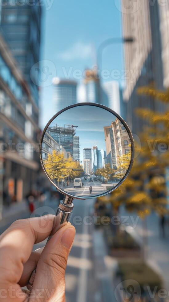 AI generated A modern city view by magnifying glass photo