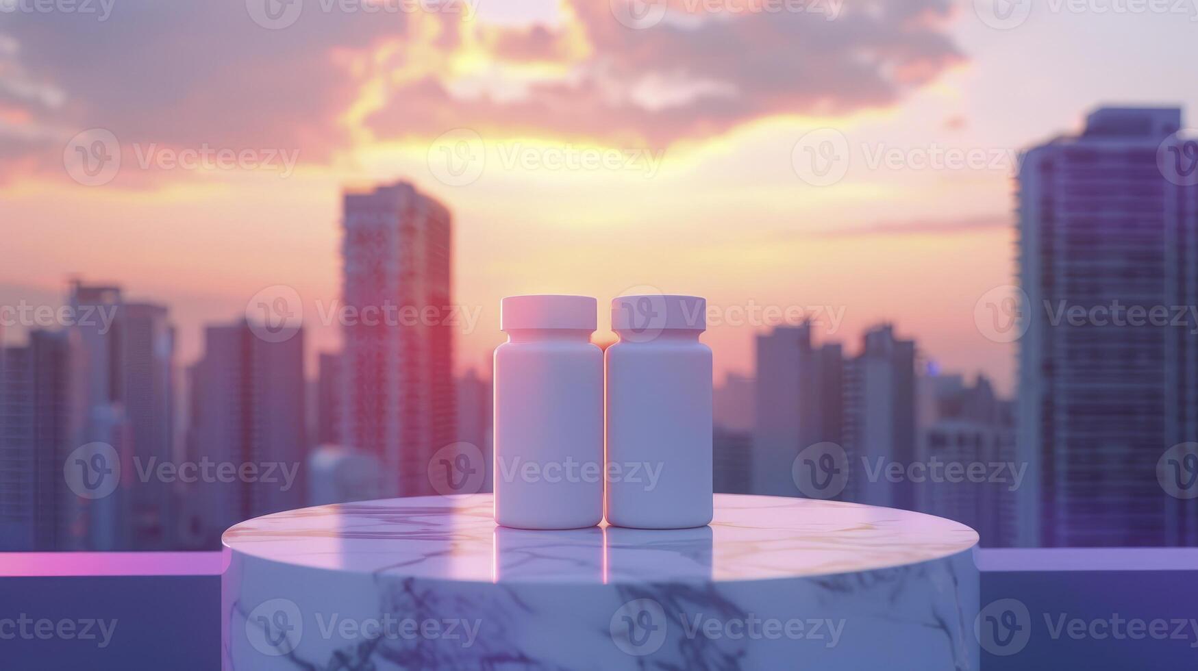AI generated White Supplement Pill Bottles Against a City Skyline photo