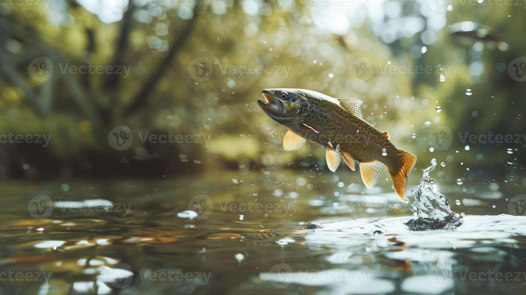 AI generated Trout jumping out from the water. Fishing concept photo