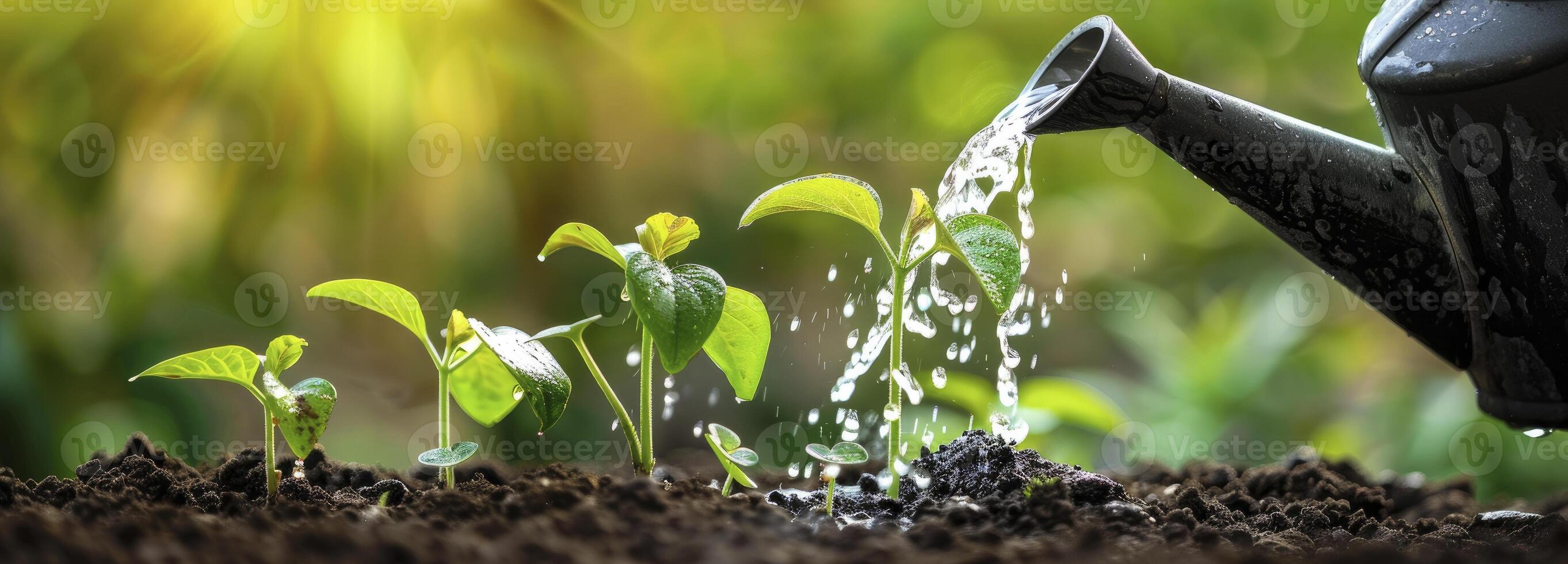AI generated Watering a young plant with a watering can in soil against a backdrop of lush green nature. photo