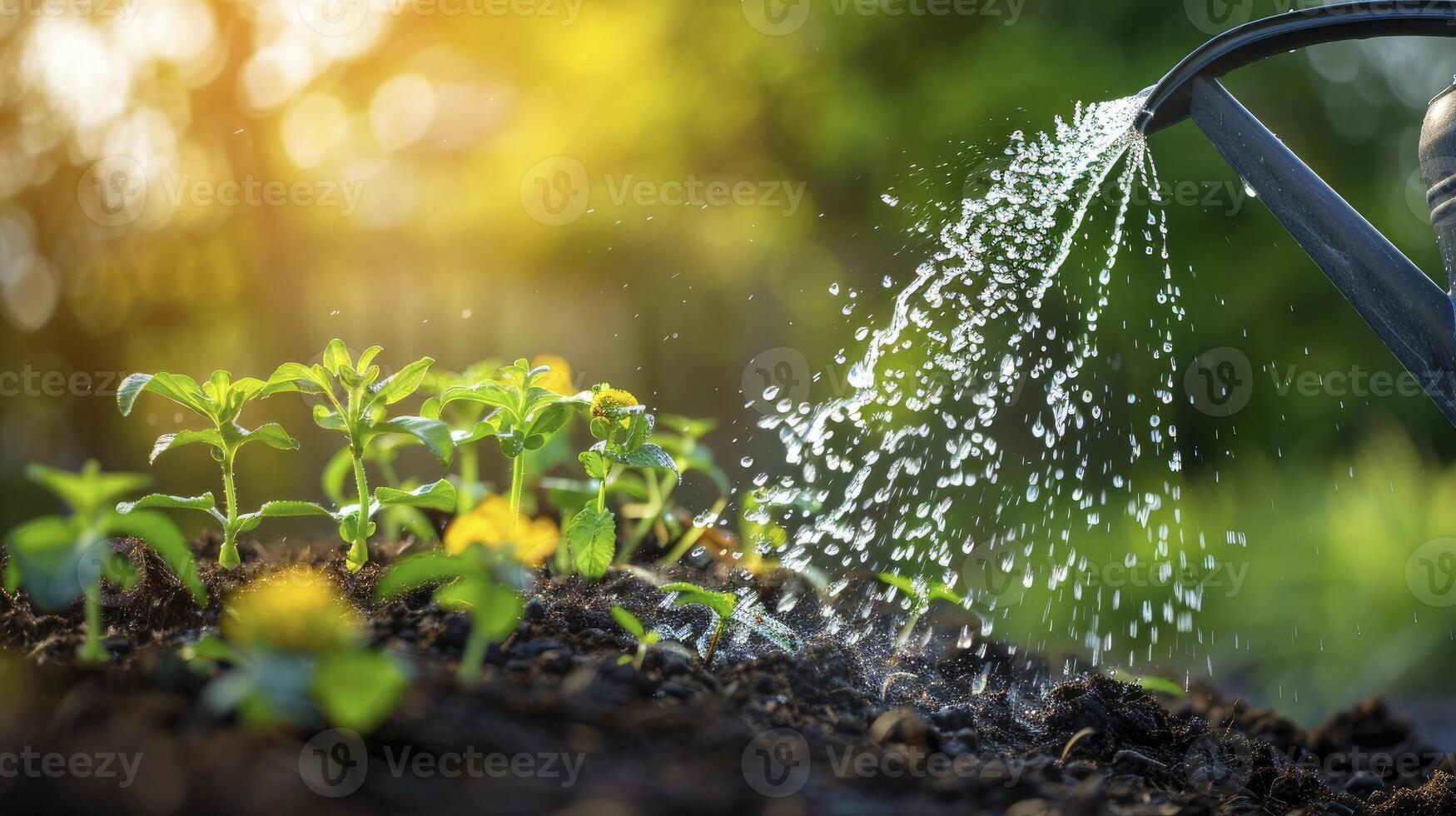 ai generado riego un joven planta con un riego lata en suelo en contra un fondo de lozano verde naturaleza. foto