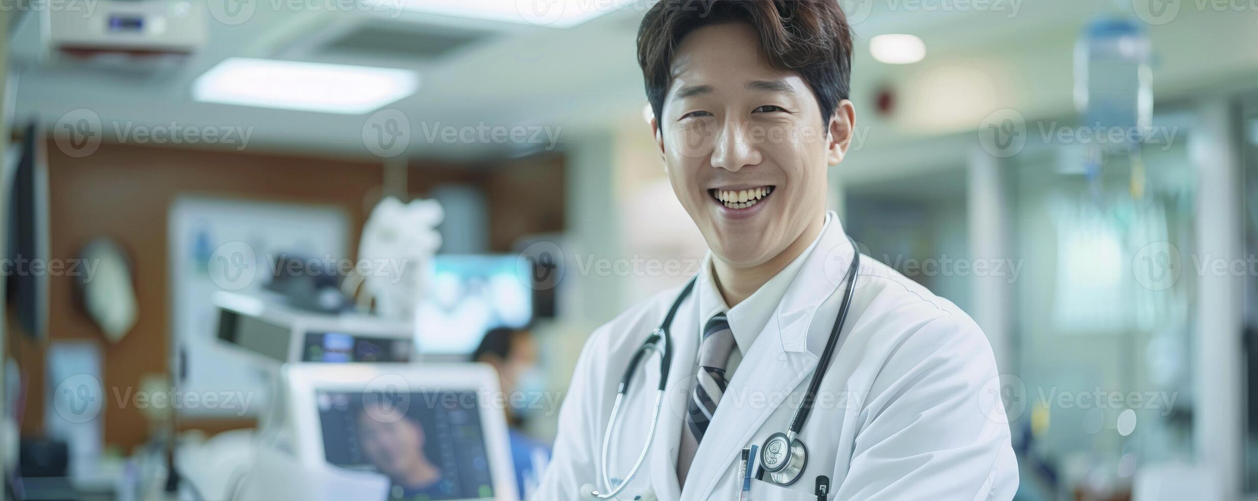 AI generated Professional Excellence, Handsome 30-Year-Old Korean Doctor Wearing a Smile and Stethoscope, Standing in a Doctor Office at the Hospital Amidst Medical Equipment photo