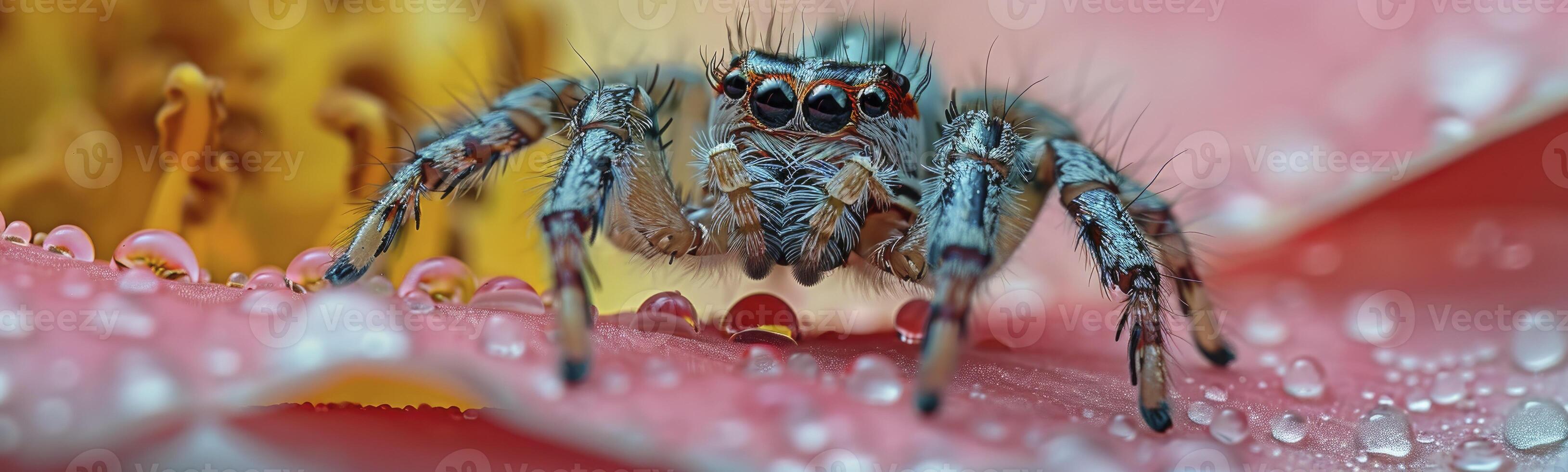 AI generated Macro Photograph of Unusual Spider on Flower photo