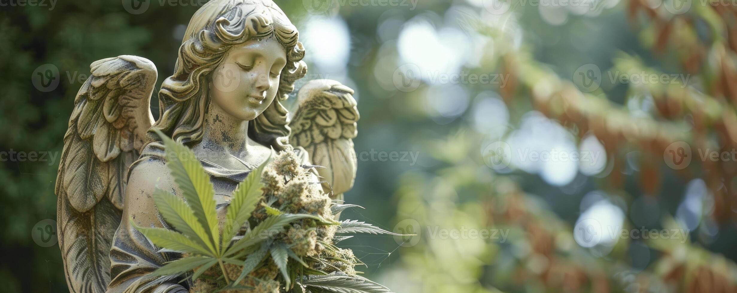 AI generated Surreal Serenity, Statue of a Beautiful Angel Embracing Marijuana Nuggets, Blending Artistic Contrasts photo