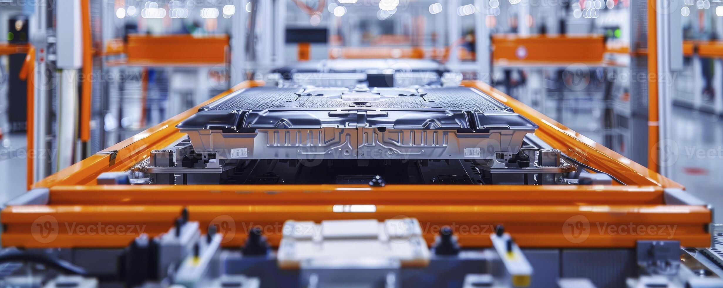 AI generated Powering the Future, EV Battery Module on an Automotive Production Line, Exemplifying Technological Advancement in Electric Vehicle Manufacturing photo