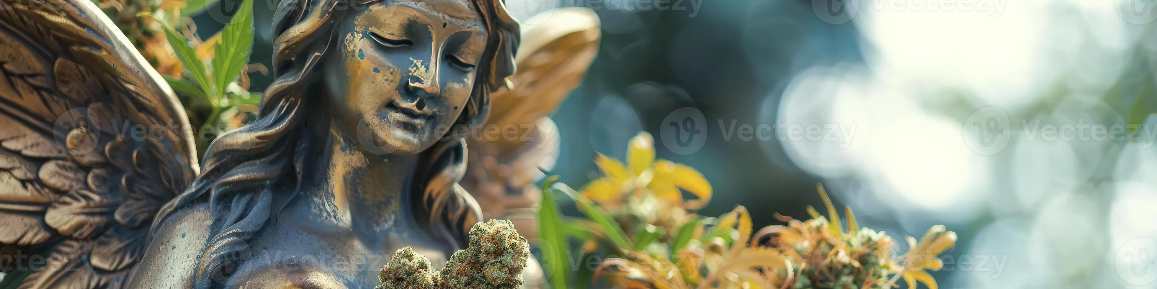 AI generated Surreal Serenity, Statue of a Beautiful Angel Embracing Marijuana Nuggets, Blending Artistic Contrasts photo