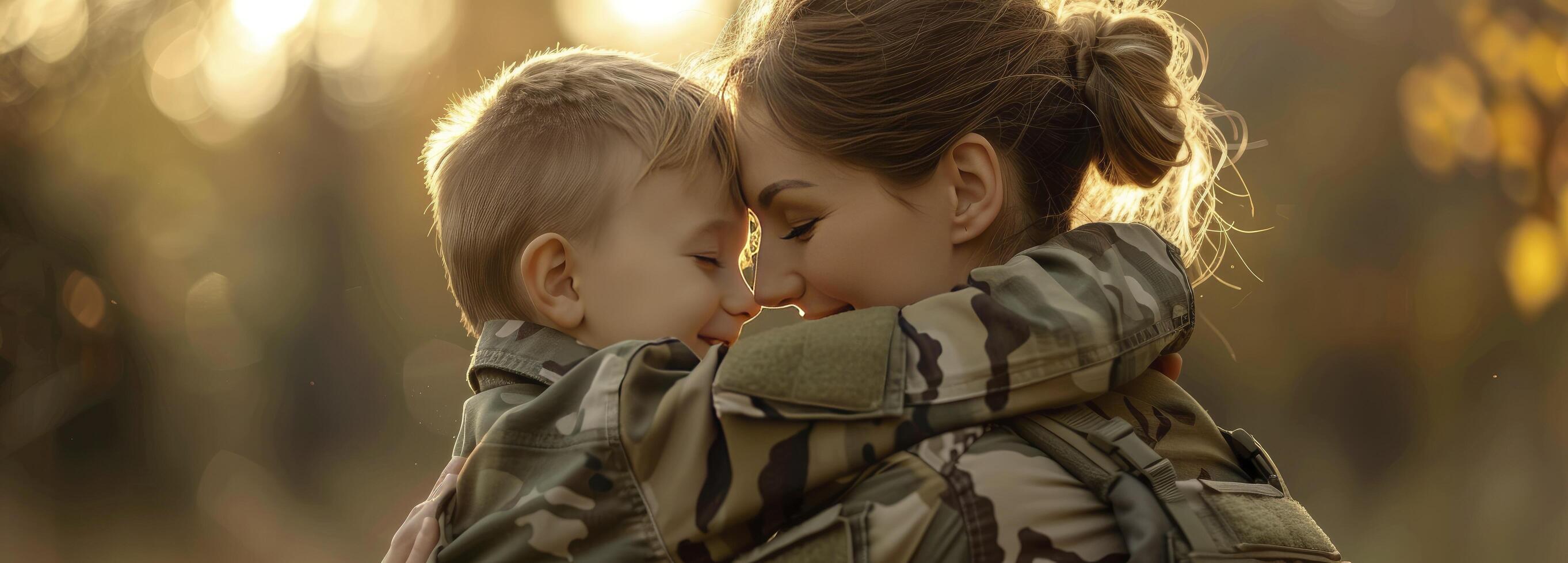 ai generado un nosotros soldado compartiendo un sentido momento con su hijo, encarnando fuerza y amor foto