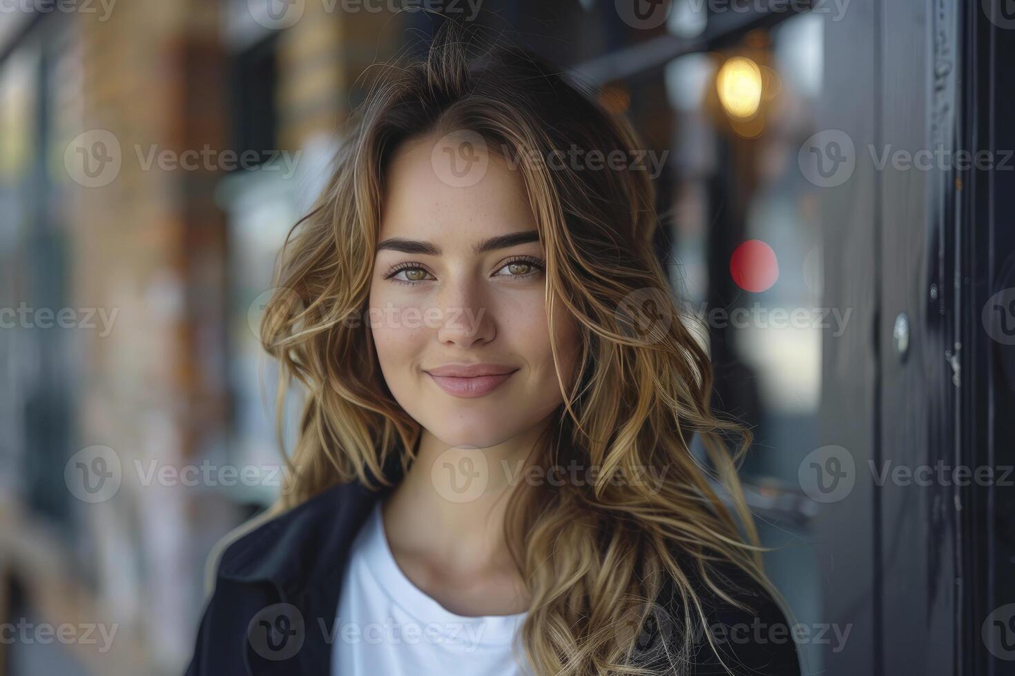 AI generated Timeless Elegance, Smiling 40-Year-Old Woman Adorned in a Black Jacket and White T-Shirt, Embracing Fashion with Grace photo