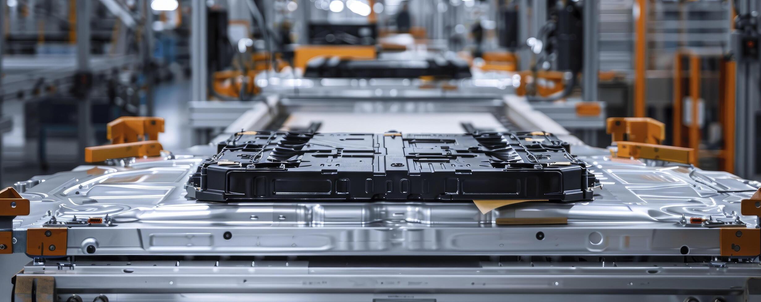 AI generated Powering the Future, EV Battery Module on an Automotive Production Line, Exemplifying Technological Advancement in Electric Vehicle Manufacturing photo