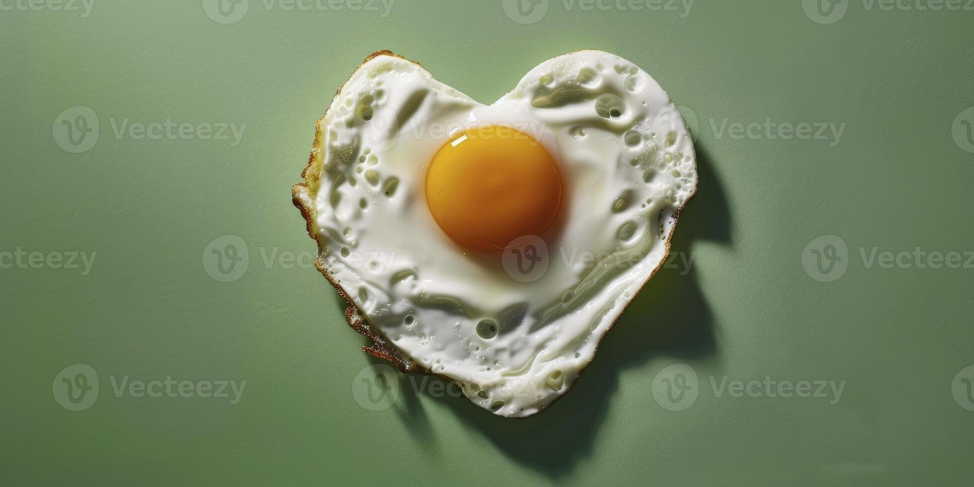 ai generado sentido desayuno, un en forma de corazon frito huevo toma centrar etapa en contra un vibrante verde antecedentes foto