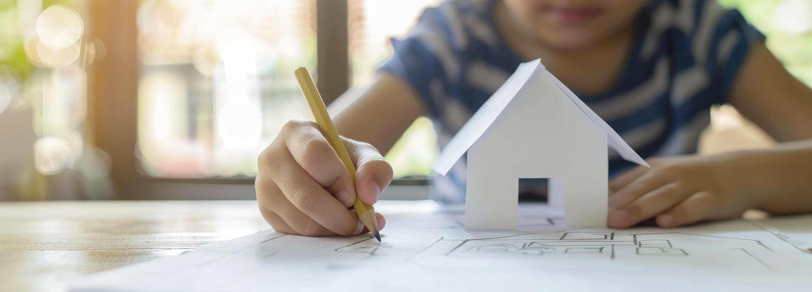 ai generado un pequeño niño haciendo un casa foto