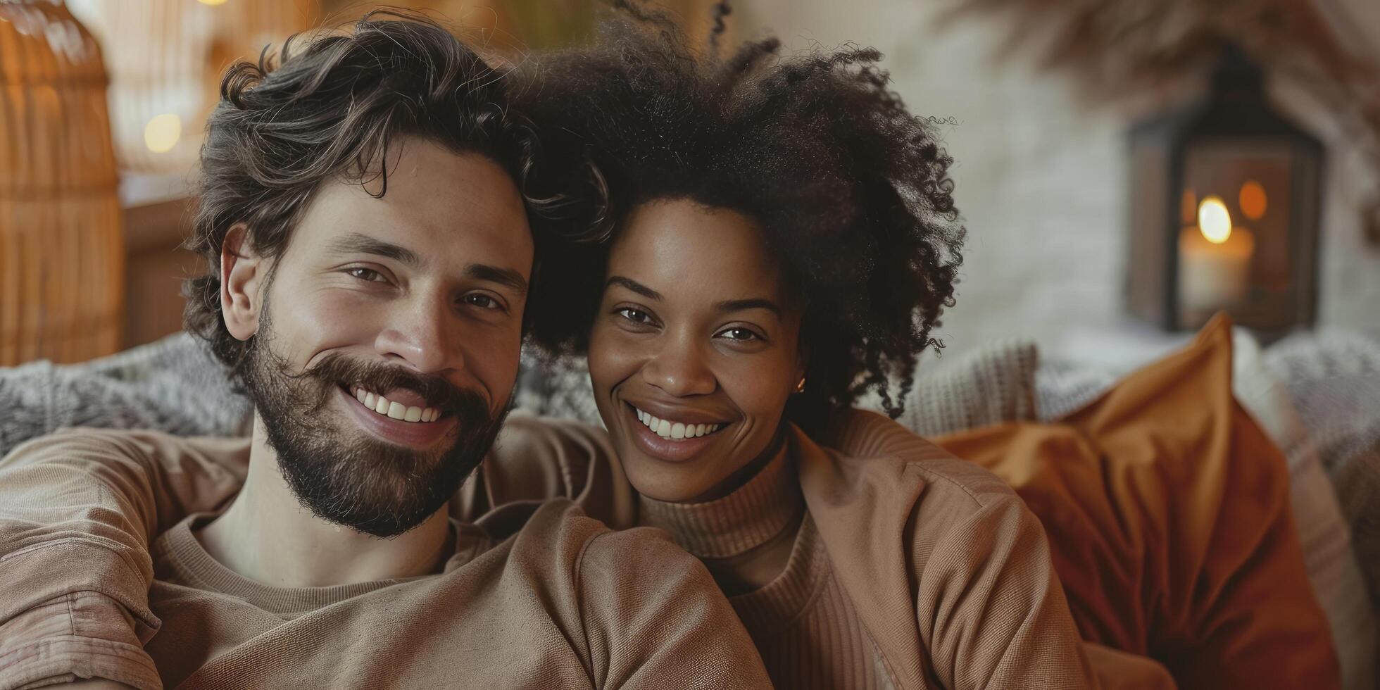 ai generado alegre multirracial Pareja relajante en sofá en vivo habitación, radiante amor y felicidad con relajado, amoroso expresiones foto