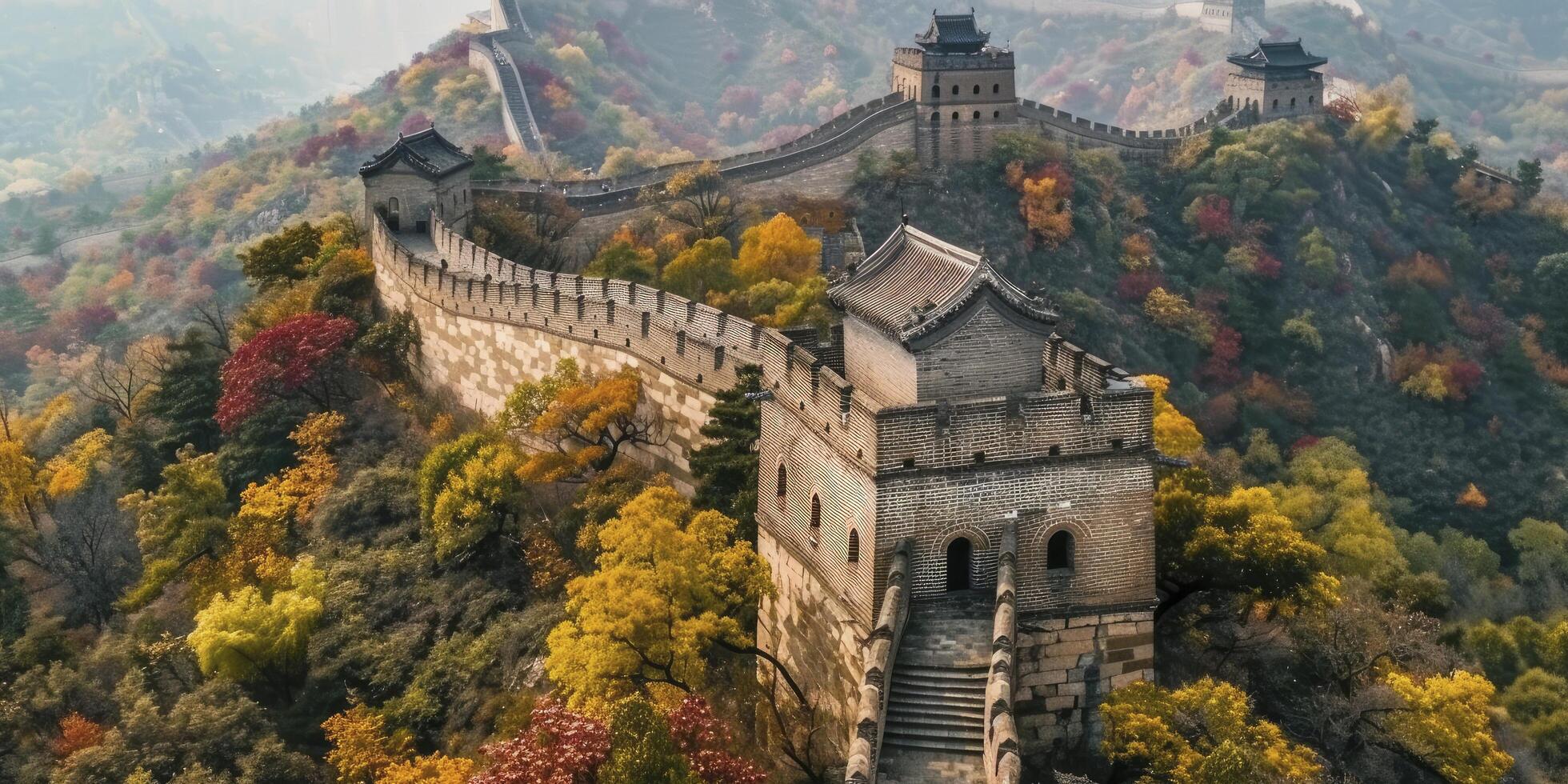 ai generado majestuoso perspectivas, un ojo de pájaro ver foto exhibiendo el grandeza de el genial pared de China