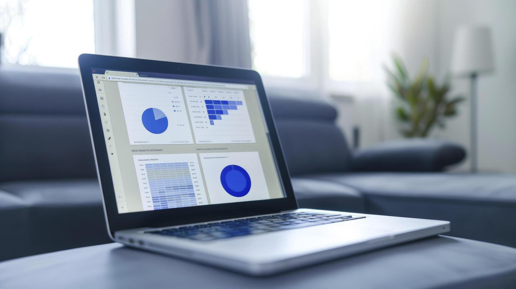 AI generated Efficient Work Environment, Laptop Placed in a Living Room Setting with Data Visualization Displays photo