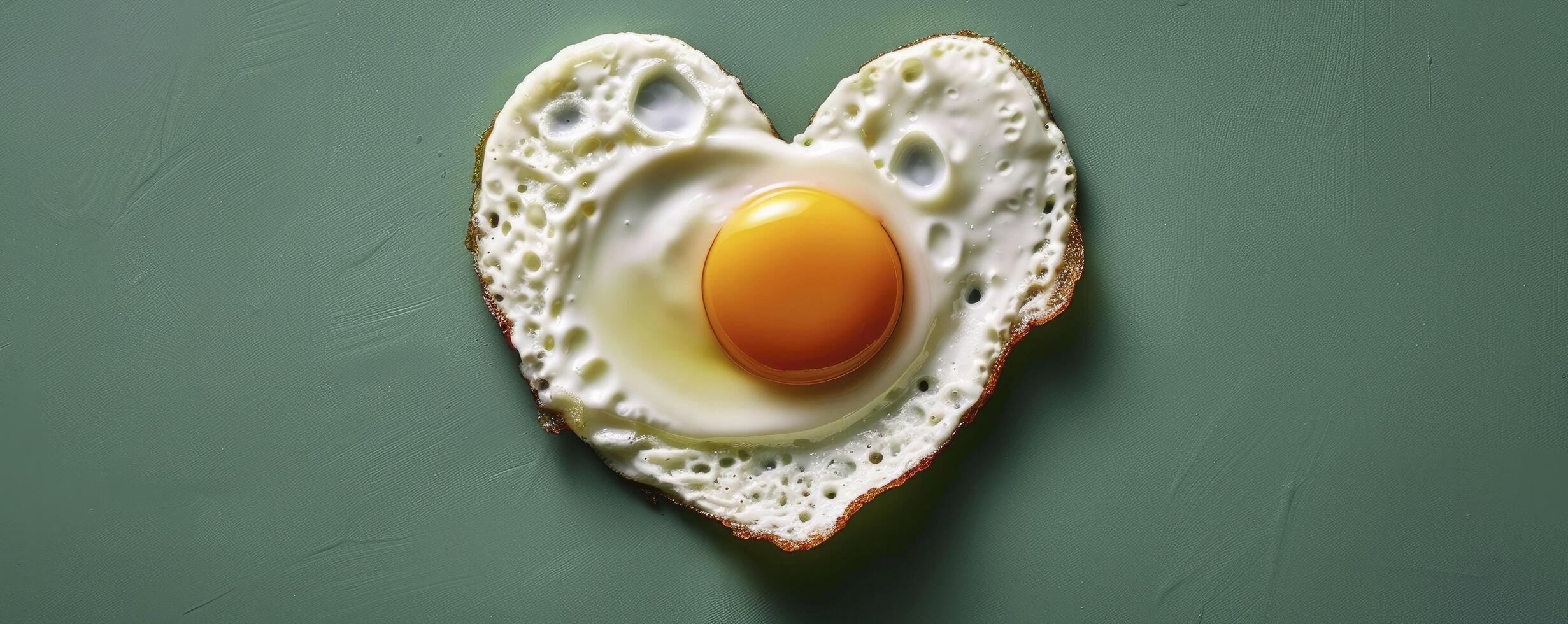 ai generado sentido desayuno, un en forma de corazon frito huevo toma centrar etapa en contra un vibrante verde antecedentes foto