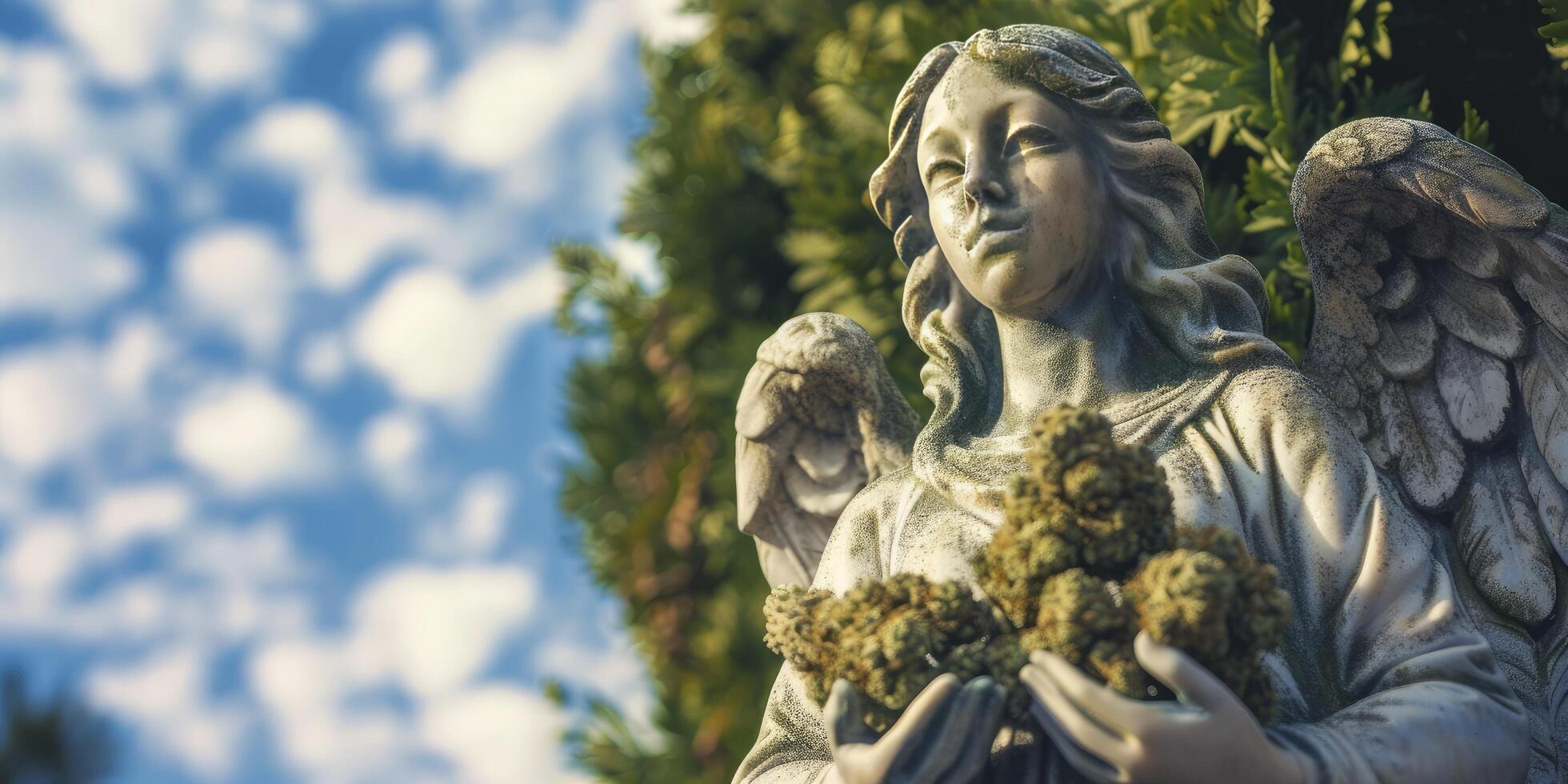 ai generado surrealista serenidad, estatua de un hermosa ángel abrazando marijuana pepitas, mezcla artístico contrastes foto