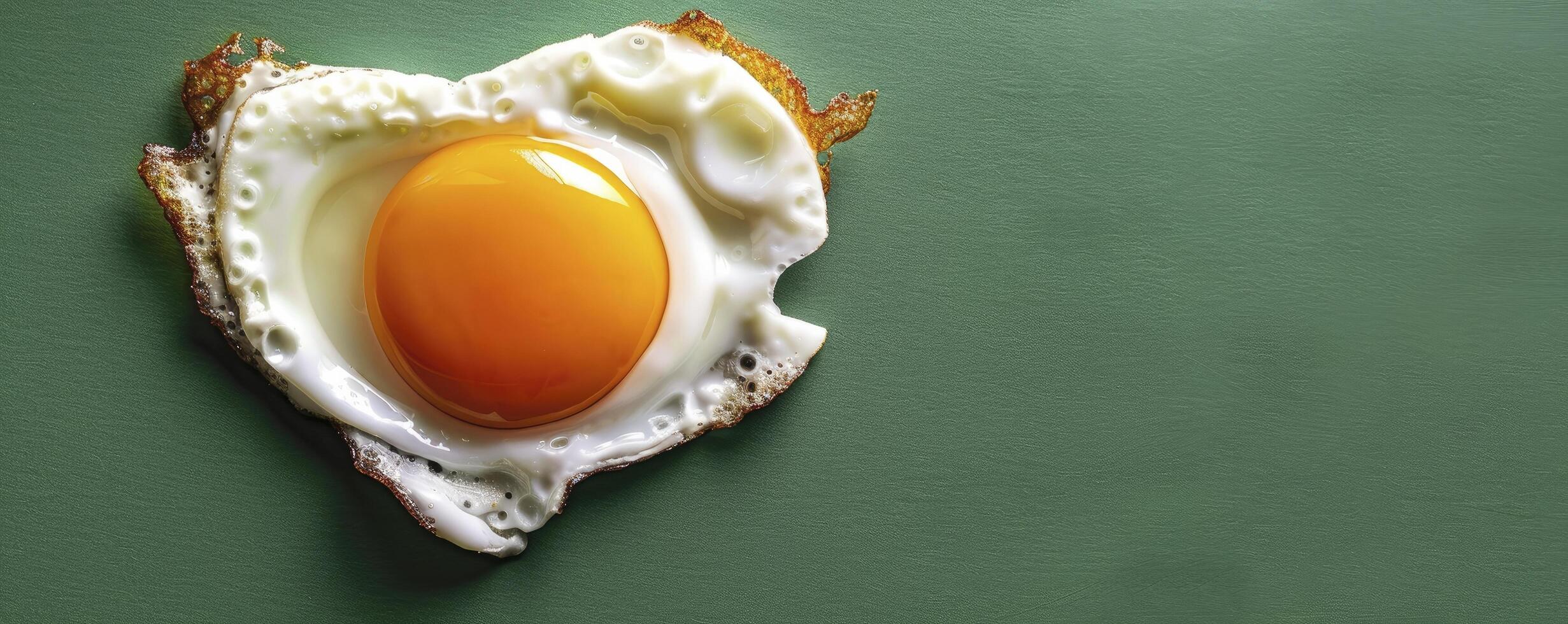 ai generado sentido desayuno, un en forma de corazon frito huevo toma centrar etapa en contra un vibrante verde antecedentes foto