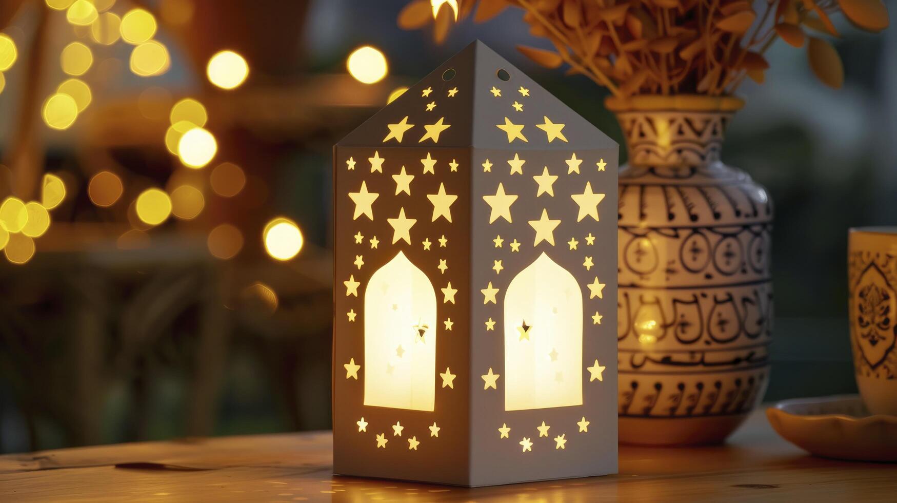 AI generated An adorable light box with stars on the side, in the style of Islamic art and architecture. photo