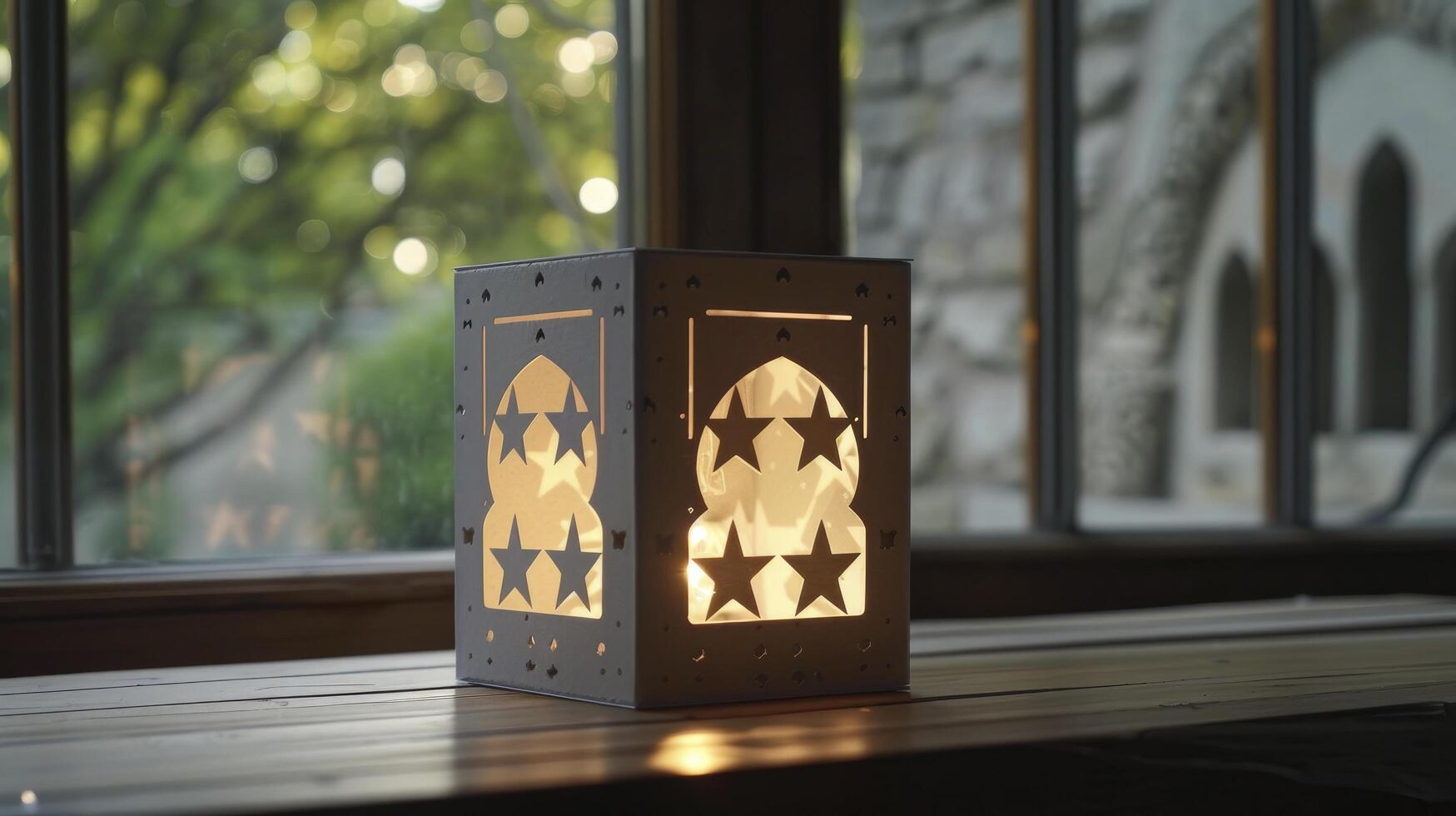 AI generated An adorable light box with stars on the side, in the style of Islamic art and architecture. photo