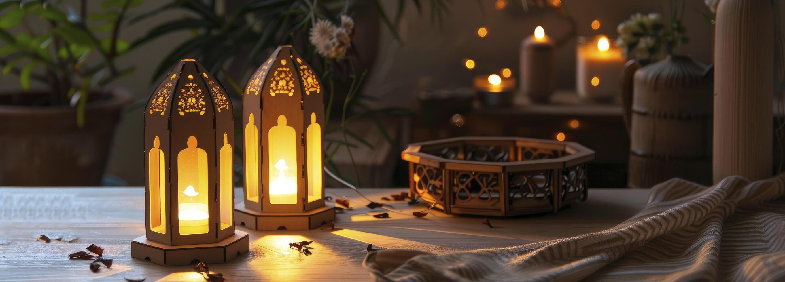 AI generated Islamic art of wooden tiki lantern gifts. photo