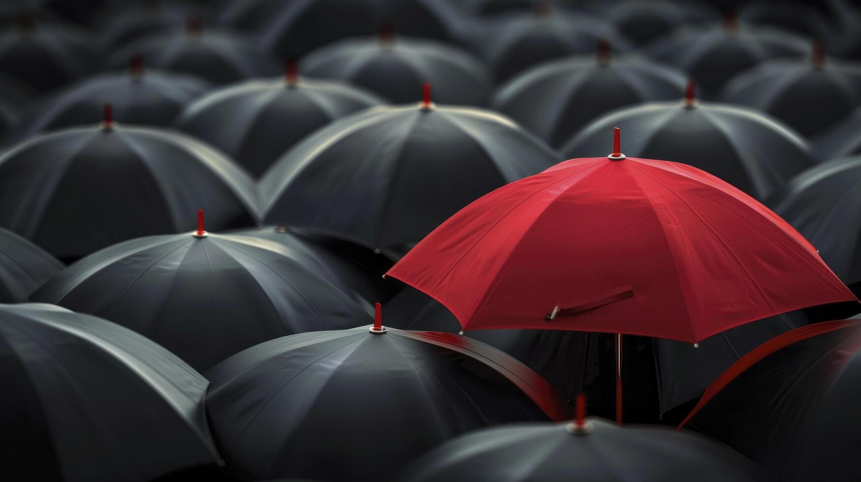 AI generated A red umbrella among the black umbrellas. Contrast concept. photo