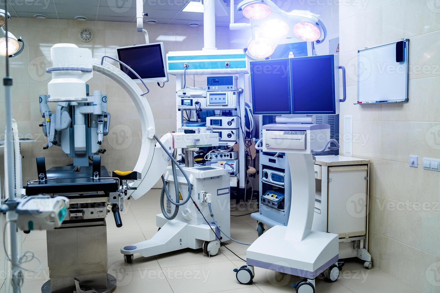 Modern equipment in operating room. Medical devices for neurosurgery. Background. Operating theatre. Selective focus. photo