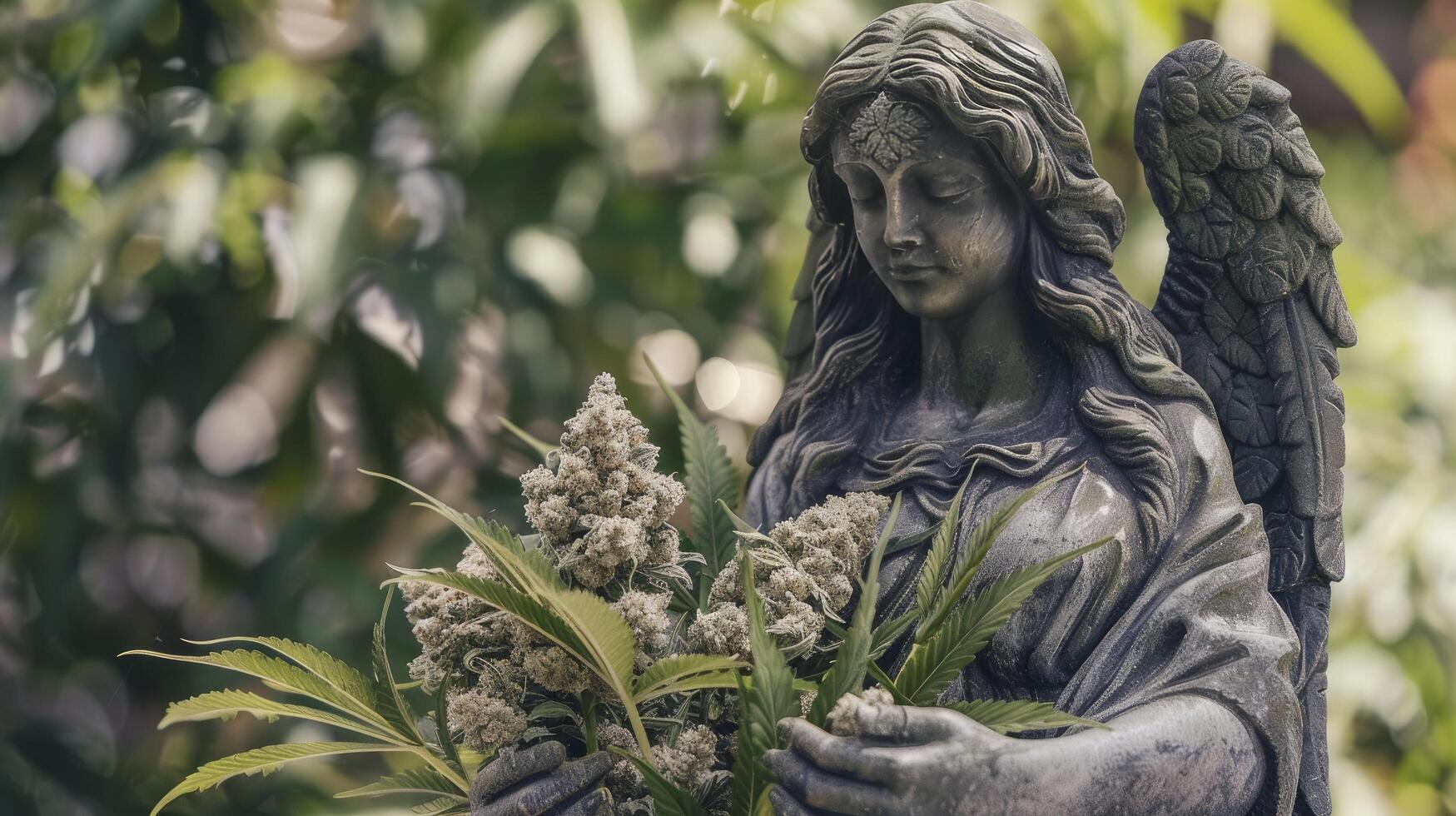 AI generated Surreal Serenity, Statue of a Beautiful Angel Embracing Marijuana Nuggets, Blending Artistic Contrasts photo