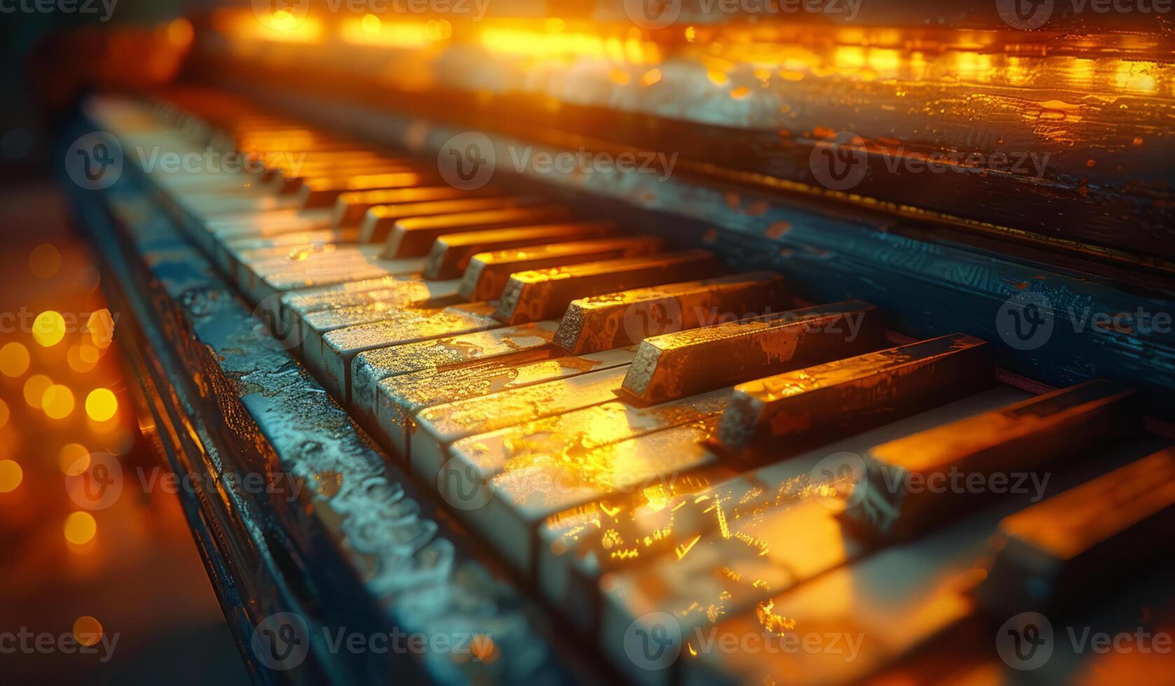 AI generated Old piano keys close up in warm colors of the sunset. photo