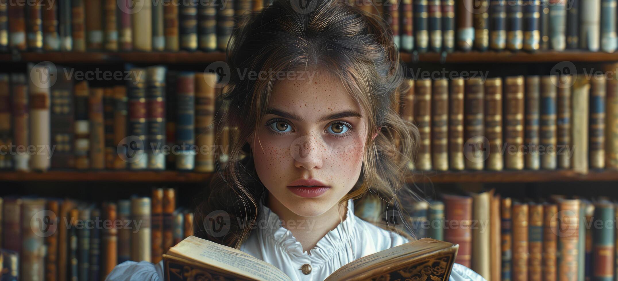 AI generated Portrait of girl reading book in the library photo