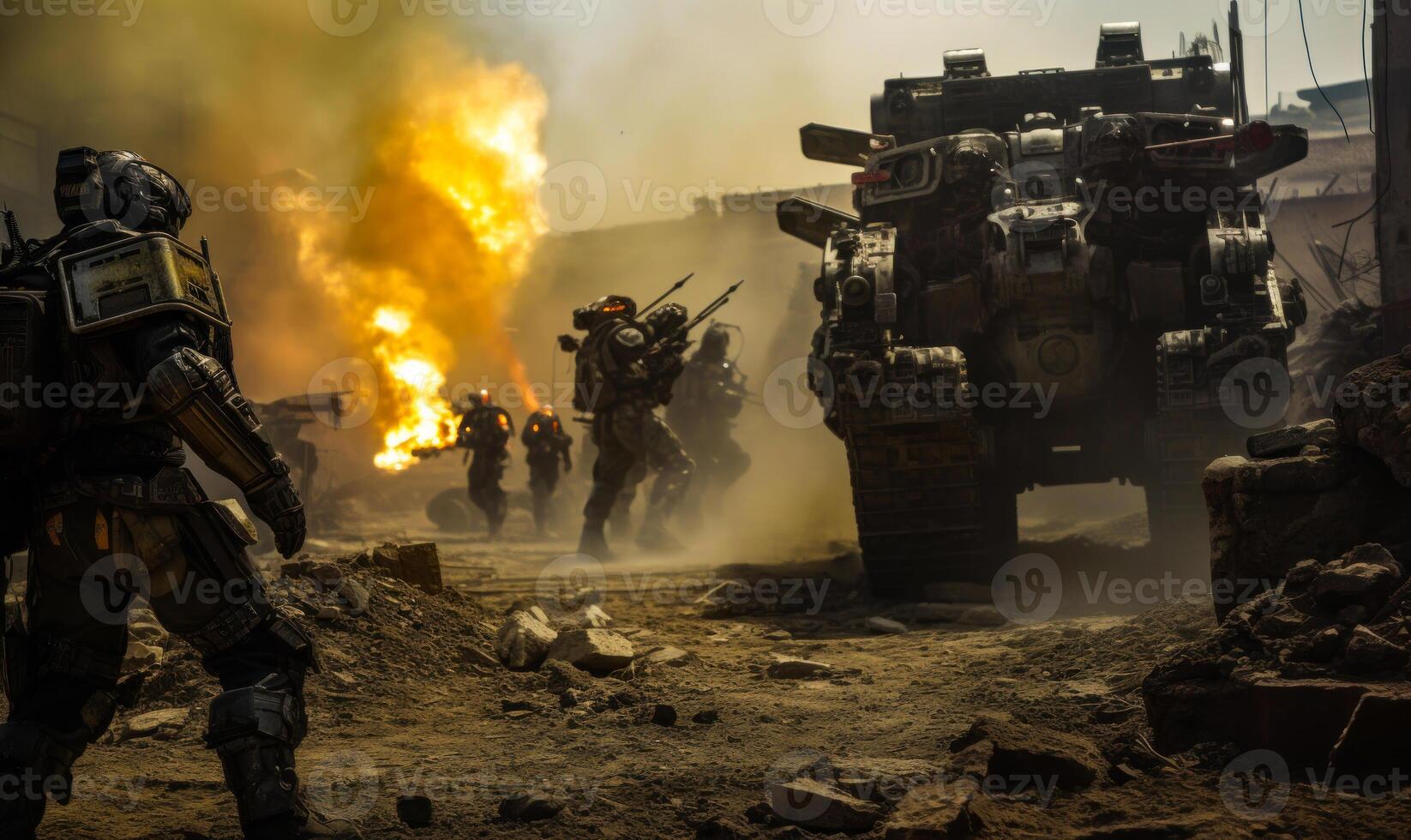 AI generated The soldiers are fighting in the war zone. Explosions and smoke on the background. The concept of military conflicts. photo