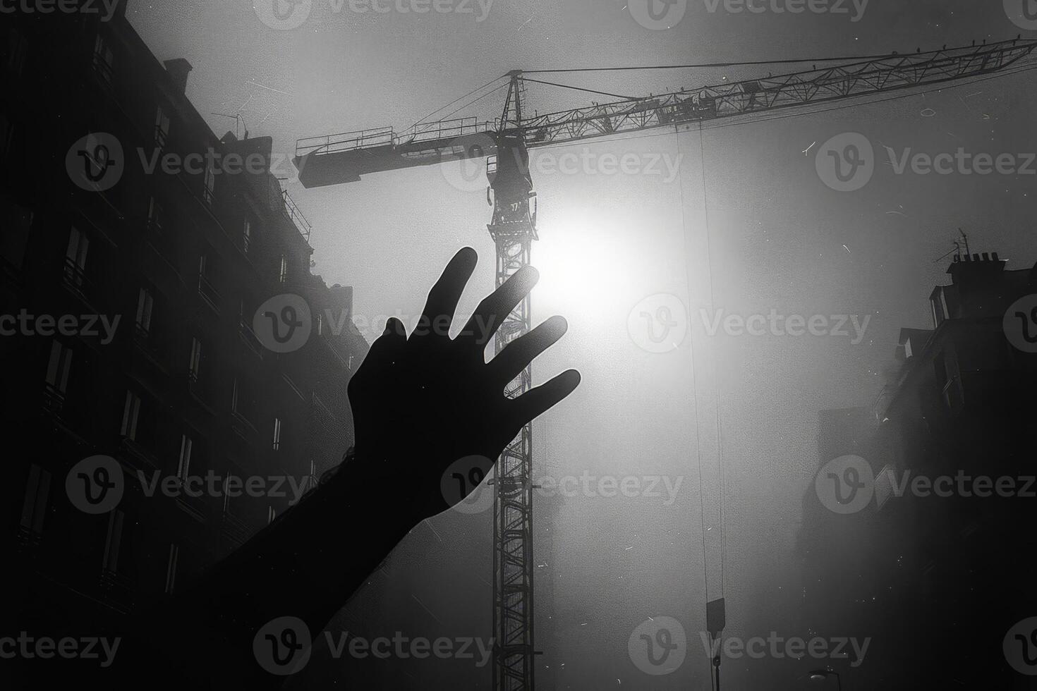 AI generated Hand reaches up to crane in the fog photo