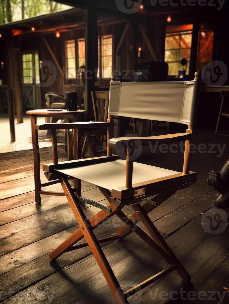 AI generated Director's chair and other chairs on wooden deck photo