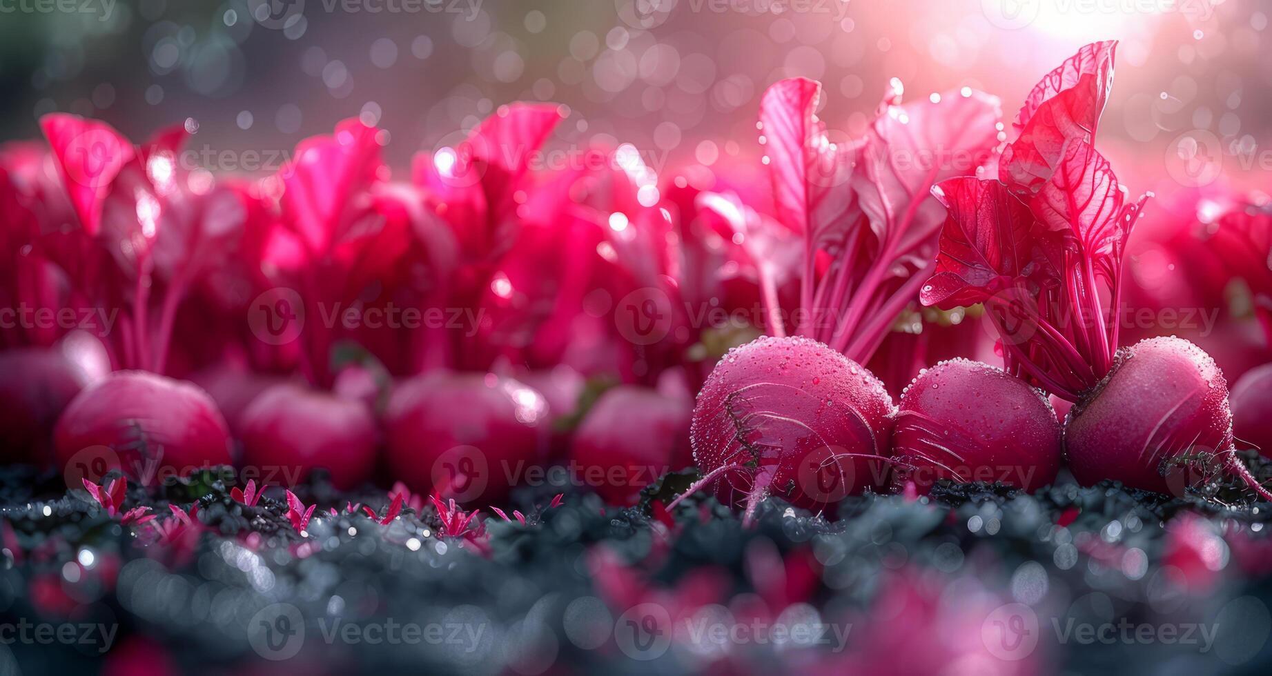 AI generated Fresh radishes grow in the garden under the rain. Selective focus photo