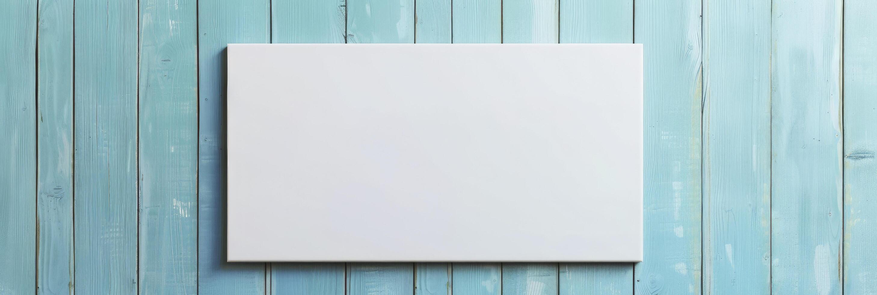AI generated Mockup Wall Decor White Canvas Suspended Against a Light Blue Wooden Wall photo
