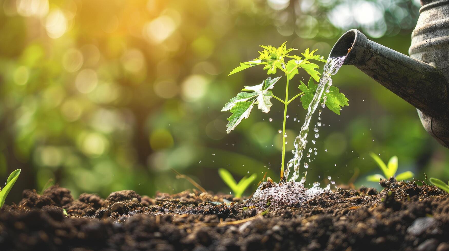 ai generado riego un joven planta con un riego lata en suelo en contra un fondo de lozano verde naturaleza. foto