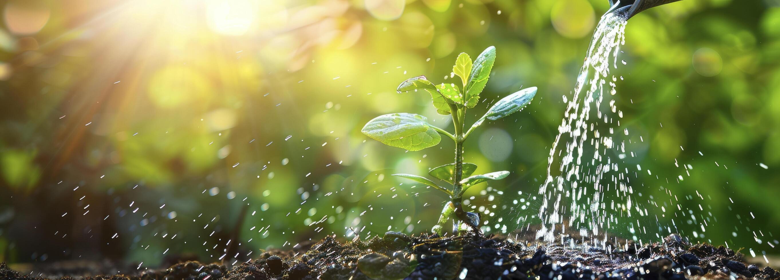 ai generado riego un joven planta con un riego lata en suelo en contra un fondo de lozano verde naturaleza. foto