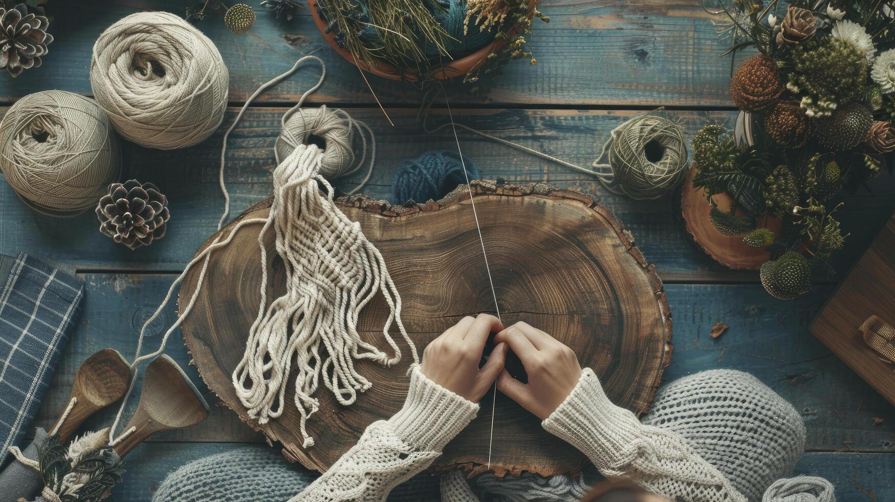 AI generated Hobbyist Knitting Macrame with Hands and Thread on Wooden Board photo